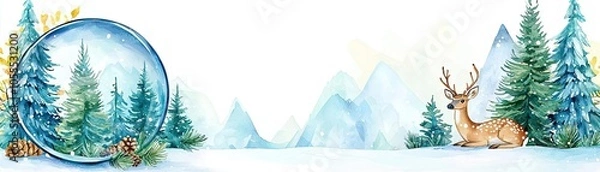 Fototapeta Tiny woodland scene snow globe, deer and pine trees, white background, watercolor style