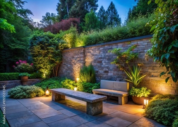 Fototapeta Serene Backyard Oasis with Stone Bench, Lush Greenery, and Soft Lighting - Relaxing Nature Retreat, Outdoor Landscape, Tranquil Space, Garden Design, Silhouette Photography