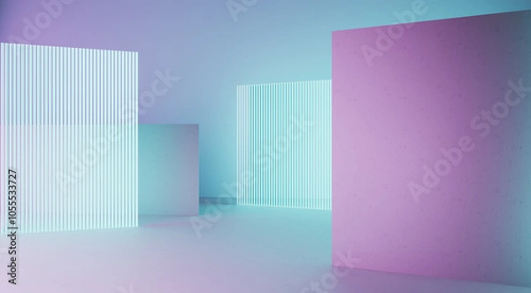 Obraz 3d rendering of blue and purple neon glowing wall background. Scene for advertising, technology, showcase, banner, game, sport, cosmetic, business, metaverse. Sci-Fi Illustration. Product display