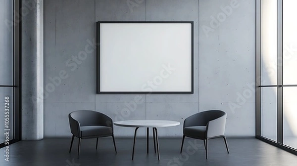 Fototapeta Minimalist interior with two chairs and a blank frame for artwork.