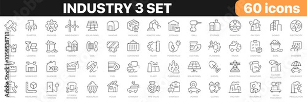 Fototapeta Industry 3 set line icons collection. Construction, manufacture, factory, energy, logistics, tools icons. UI icon set. Thin outline icons pack. Vector illustration EPS10