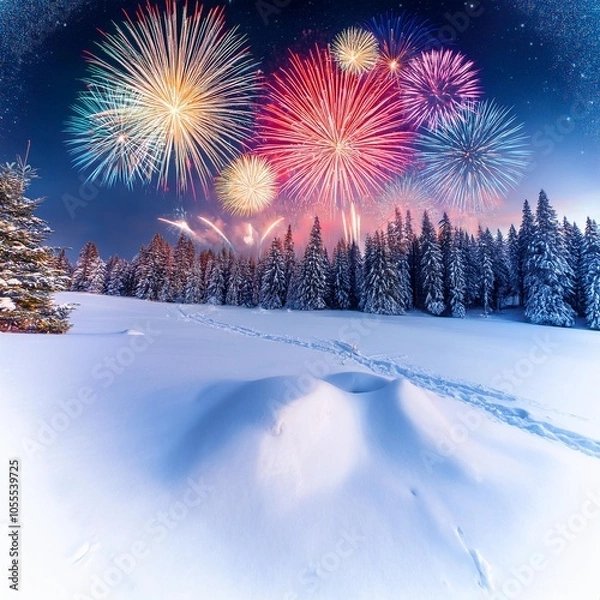 Fototapeta new year card new year s eve background with colorful party fireworks display on the sky outdoors in a winter landscape with snow and fir trees