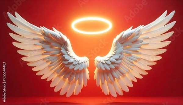 Fototapeta A pair of large, isolated white angel wings with a glowing gold halo floating in a sexy red background