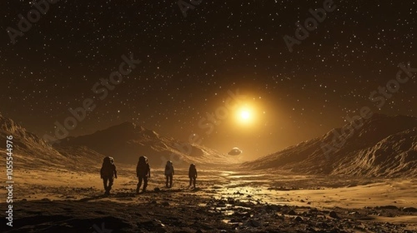 Fototapeta Astronauts walking across the barren moon, exploring craters and distant mountains under a star-filled sky.