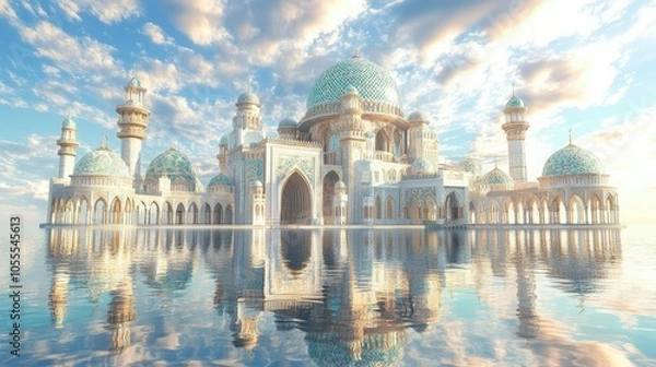 Fototapeta A striking perspective of a grand mosque with detailed tilework and domes, beautifully mirrored in water, embodying architectural beauty