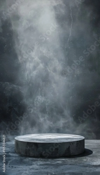Fototapeta photo of a gray concrete podium or pedestal positioned against a dark concrete floor with a grunge