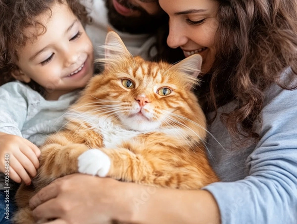 Fototapeta A family gathered on the couch with their pet cat, petting it as it purrs contentedly, showing the bond between pets and owners.