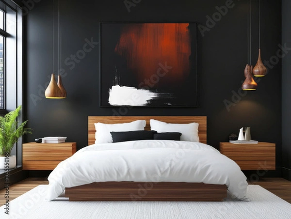 Fototapeta A modern bedroom with a statement wall, sleek furniture, and luxurious bedding, creating a sophisticated retreat.