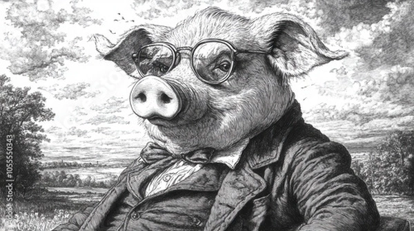 Obraz Elegant pig in victorian attire with glasses in detailed sketch