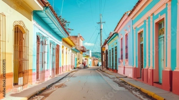 Fototapeta A picturesque street in Cuba featuring bright, colorful colonial buildings under a clear blue sky, evoking a sense of nostalgia and cultural vibrancy.