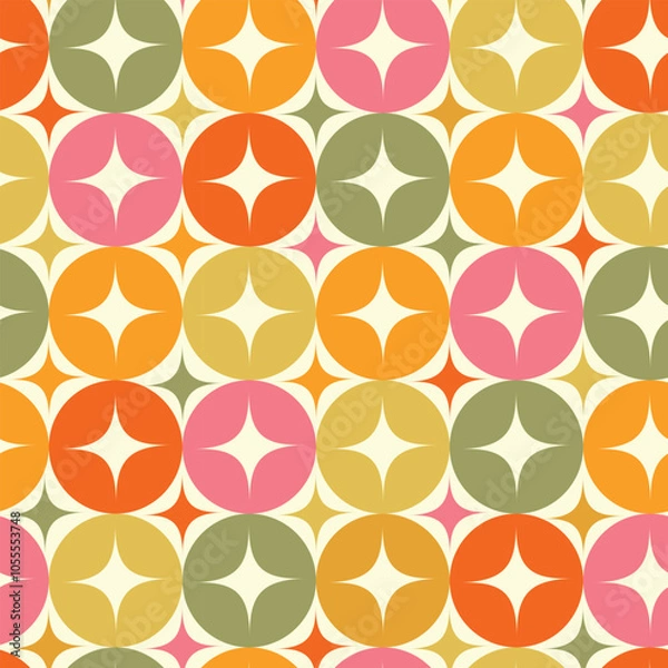 Fototapeta Mid century modern retro starburst on colorful circles in yellow, green, red and orange seamless pattern. For textile, home décor and fabric