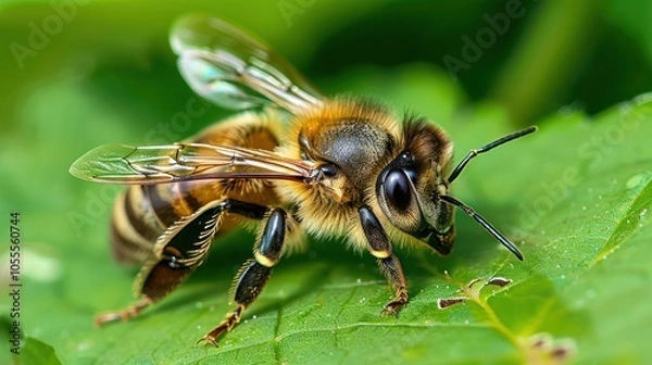 Fototapeta Close-up of a Honey Bee Resting on a Leaf