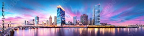 Fototapeta A city skyline with a river in the background