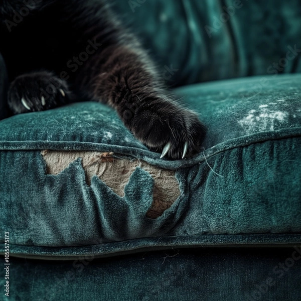 Fototapeta cat paw scratching sofa, torn sofa