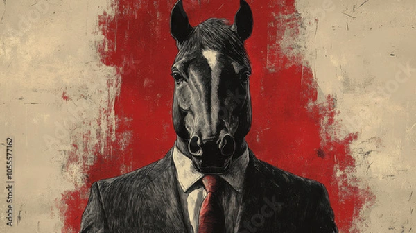 Obraz Surreal horse head businessman art with red background