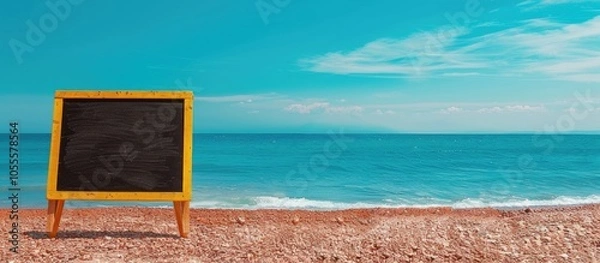 Fototapeta Property investment symbol displayed on a striking yellow blackboard against a scenic red stone beach with a captivating blue sea and sky background emphasizing the business concept with copy space i