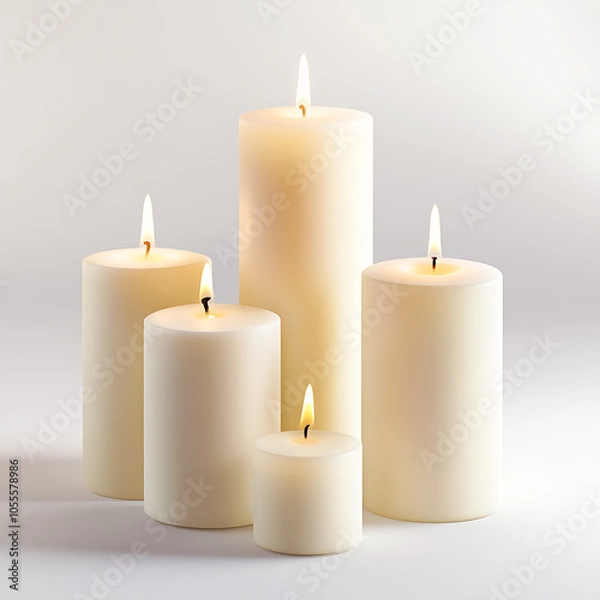 Fototapeta A set of pillar candles with flames gently flickering, isolated on a white background, creating a warm and peaceful ambiance.

