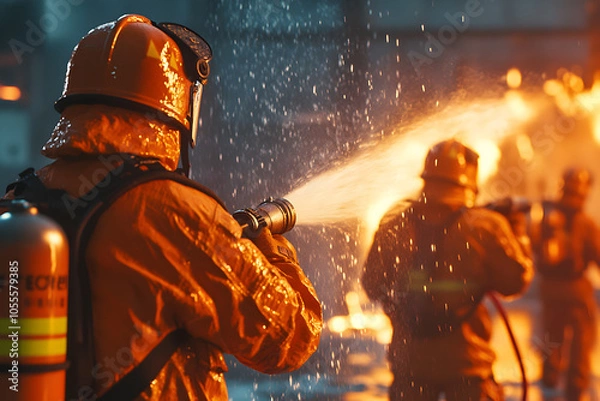 Obraz Firefighters wearing orange uniforms are fighting a burning fire with all their might, using special chemicals to control the fire.