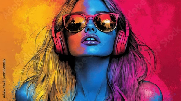 Fototapeta Vibrant pop art of a girl listening to music and dancing with headphones