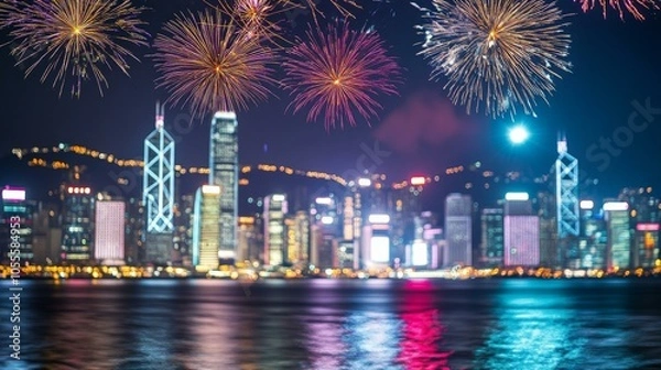 Fototapeta A vibrant city skyline at dusk with illuminated skyscrapers and a colorful sky in the background.