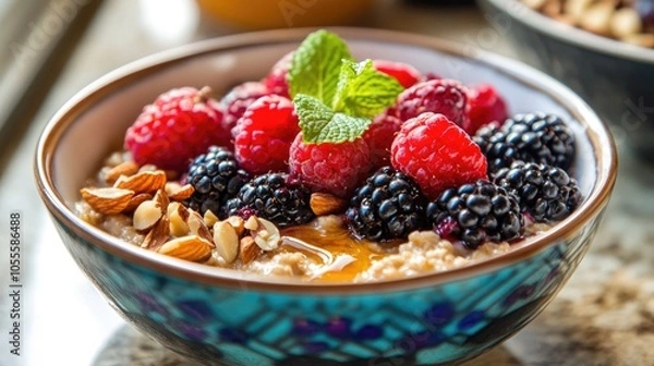 Fototapeta A colorful bowl of oatmeal adorned with fresh berries drizzled with honey and sprinkled with nuts ideal for a nutritious breakfast