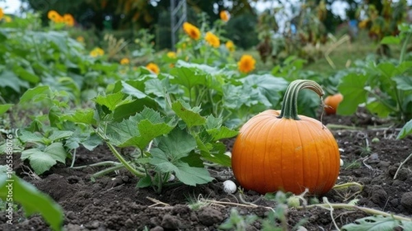 Fototapeta A Pumpkin In A Permaculture Garden