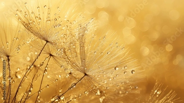Fototapeta Golden dandelion adorned with dew drops featuring delicate seeds set against a stunning gold backdrop
