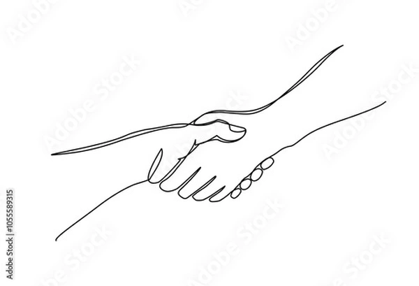 Fototapeta Continuous hand drawn of  two people shaking hands, hands pulling each other isolated on white background, The concept of greeting, encouraging, or helping the other person, vector editable stroke