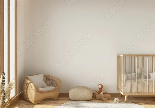 Obraz Minimalist nursery with a white wall. a crib. a chair and a rug with toys