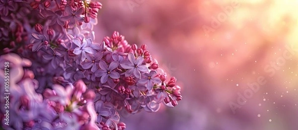 Fototapeta Beautiful spring landscape featuring close up lilac flowers under sunlight providing a peaceful scenic view with a panoramic perspective in a long banner format including copy space image