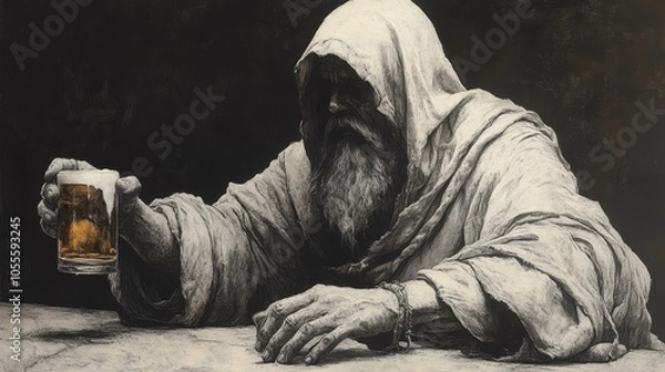 Obraz Monastic life and fellowship: monk enjoying beer in intricate sketch