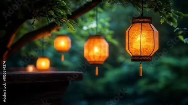 Obraz Glowing lanterns illuminating a serene garden at dusk