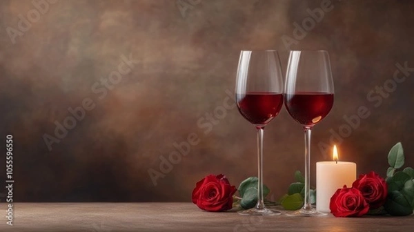 Fototapeta Romantic setting with wine glasses and roses