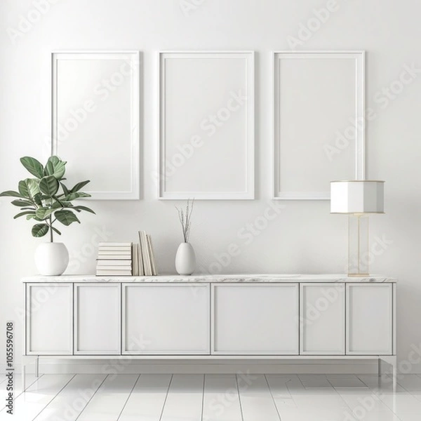 Fototapeta Minimalist white interior design with three blank frames. a side table with a lamp and a plant