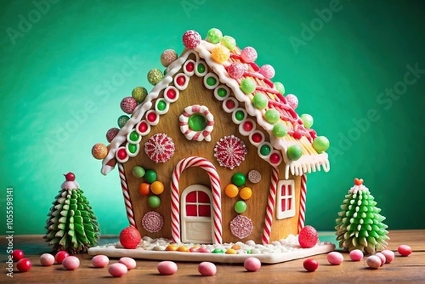 Fototapeta Gingerbread house with colorful candies on green background