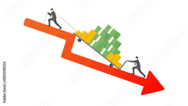 Fototapeta Business people drag a trolley full of cash on red arrow down, teamwork in business growth, income strategy, financial gain, economic wealth, revenue goal, and attempt investment in a market