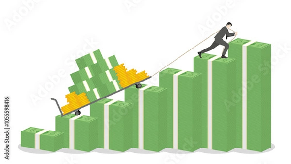 Fototapeta A businessman drags a trolley full of cash on banknotes graph rising, success in business growth, income strategy, financial gain, economic wealth, revenue goal, and ambitious investment in market