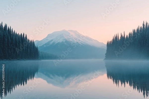 Fototapeta A serene high-resolution landscape of a calm mountain lake surrounded by towering pine forests. Snow-capped peaks reflect perfectly on the mirror-like water surface under a pastel-colored dawn sky.