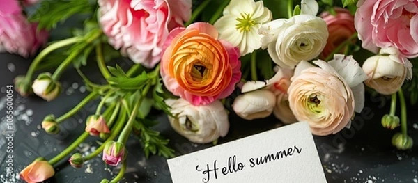 Obraz Text Hello summer displayed on the card beside a beautiful bouquet of flowers with copy space image