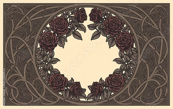 Obraz Ornate brown frame with red roses  vintage style  romantic and elegant  perfect for wedding invitations   