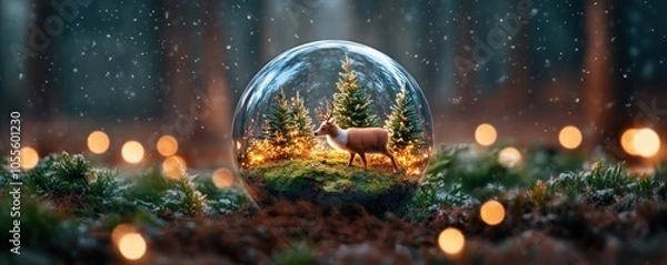 Fototapeta Snow Globe with Reindeer and Trees Glitter Snowfall Creates Cozy Holiday Warmth in a Winter Wonderland, Capture Festive Magic with Decorative Scenes for Seasonal Cheer and Joyful Moments