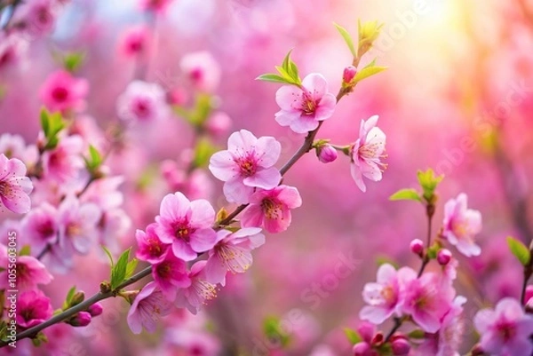 Fototapeta A sprawling patch of vibrant pink sprint flowers swaying gently in the breeze, spring, meadow, landscape, bloom, floral
