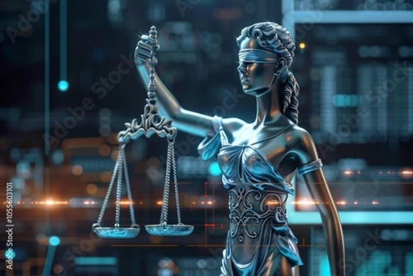 Fototapeta Scales of justice held by the statue of Lady Justice, showh in a modern AI concept, representing legal issues considering AI, AI and digital technology challenges with legal compliance.