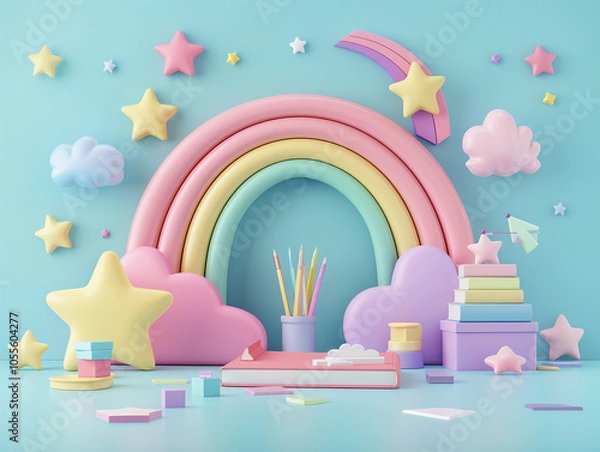 Fototapeta A charming logo featuring books, pencils, and stars in soft pastel colors with a rainbow backdrop, evoking warmth and curiosity. Perfect for kids' education brands, schools, and learning apps.