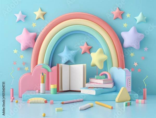 Obraz A charming logo featuring books, pencils, and stars in soft pastel colors with a rainbow backdrop, evoking warmth and curiosity. Perfect for kids' education brands, schools, and learning apps.