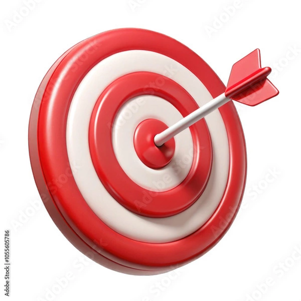 Fototapeta Red bullseye dart arrow hitting target center of dartboard. Concept of success, target, goal, achievement. 3D rendering PNG