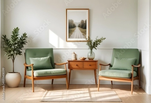 Obraz Mockup Poster Frame in Modern Living Room Interior - Contemporary Style 3D Render, Minimalist Poster Frame Mockup in a Modern Living Room - 3D Render Design