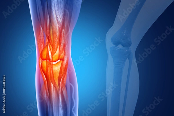 Fototapeta Pain in knee joint. Tendon problems and Joint inflammation on dark background. 3d illustration