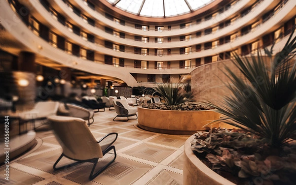 Obraz Modern hotel lobby interior design with beige and green tones  showcasing luxury and comfort   
