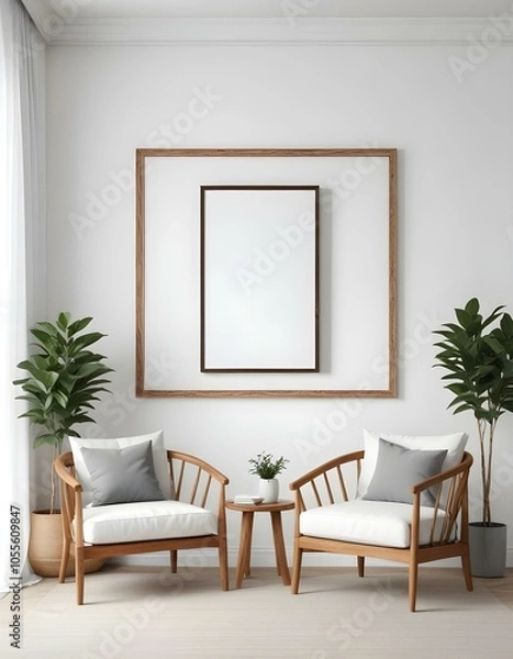 Fototapeta Mockup Poster Frame in Modern Living Room Interior - Contemporary Style 3D Render, Minimalist Poster Frame Mockup in a Modern Living Room - 3D Render Design